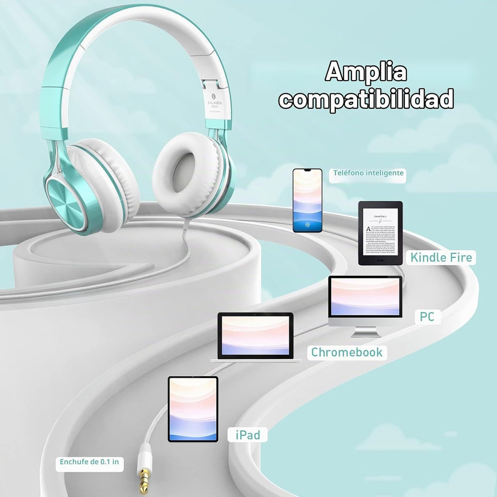 Ailihen Auriculares para Niños para Escuela, con Cable y Micrófono para Adolescentes, Verde Lima