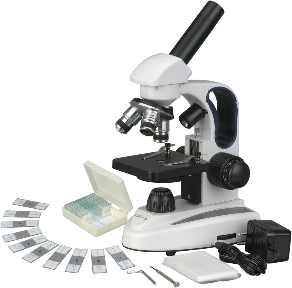 AmScope Microscopio monocular compuesto inalámbrico M158C-2L-PS25, oculares WF10x y WF25x, aumento de 40x-1000x, iluminación LED superior e inferior con reóstato, Brightfield, condensador de una sola