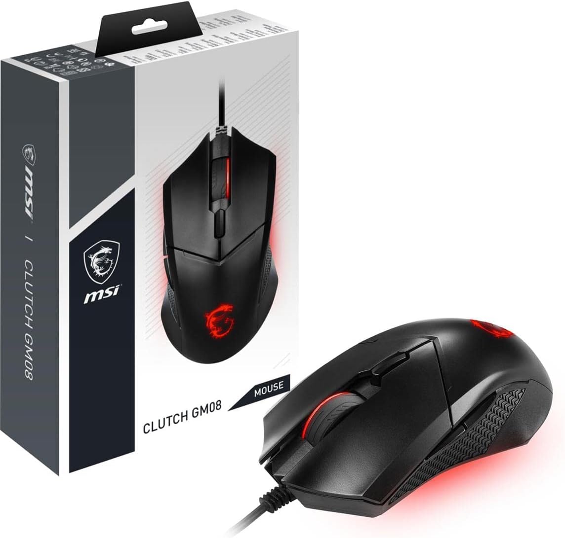 msi Clutch GM08 - Mouse para juegos, 4200 DPI, sensor óptico, 3 pesos ajustables, iluminación LED roja, diseño simétrico