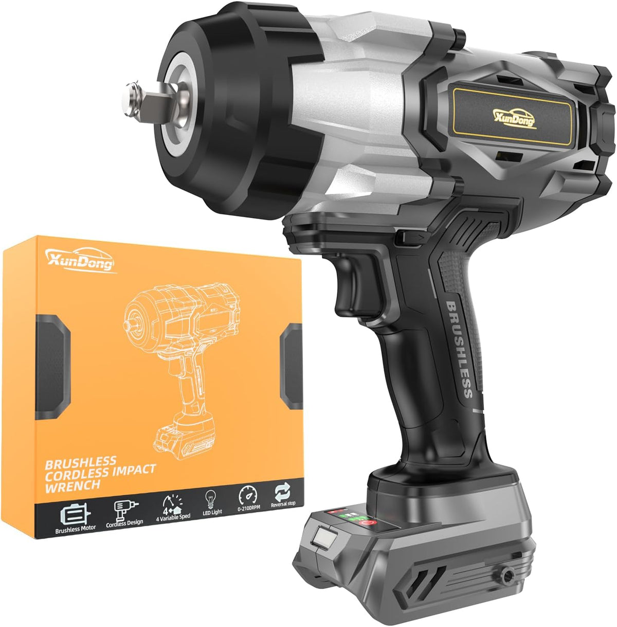Llave de impacto inalámbrica de 1/2 pulgada compatible con batería Dewalt de 20 V, 1600 pies-libras (2200 N.m), pistola de impacto de alto par resistente, destornillador de impacto de energía eléctrica sin escobillas con 4 modos de velocidad y luz de trab