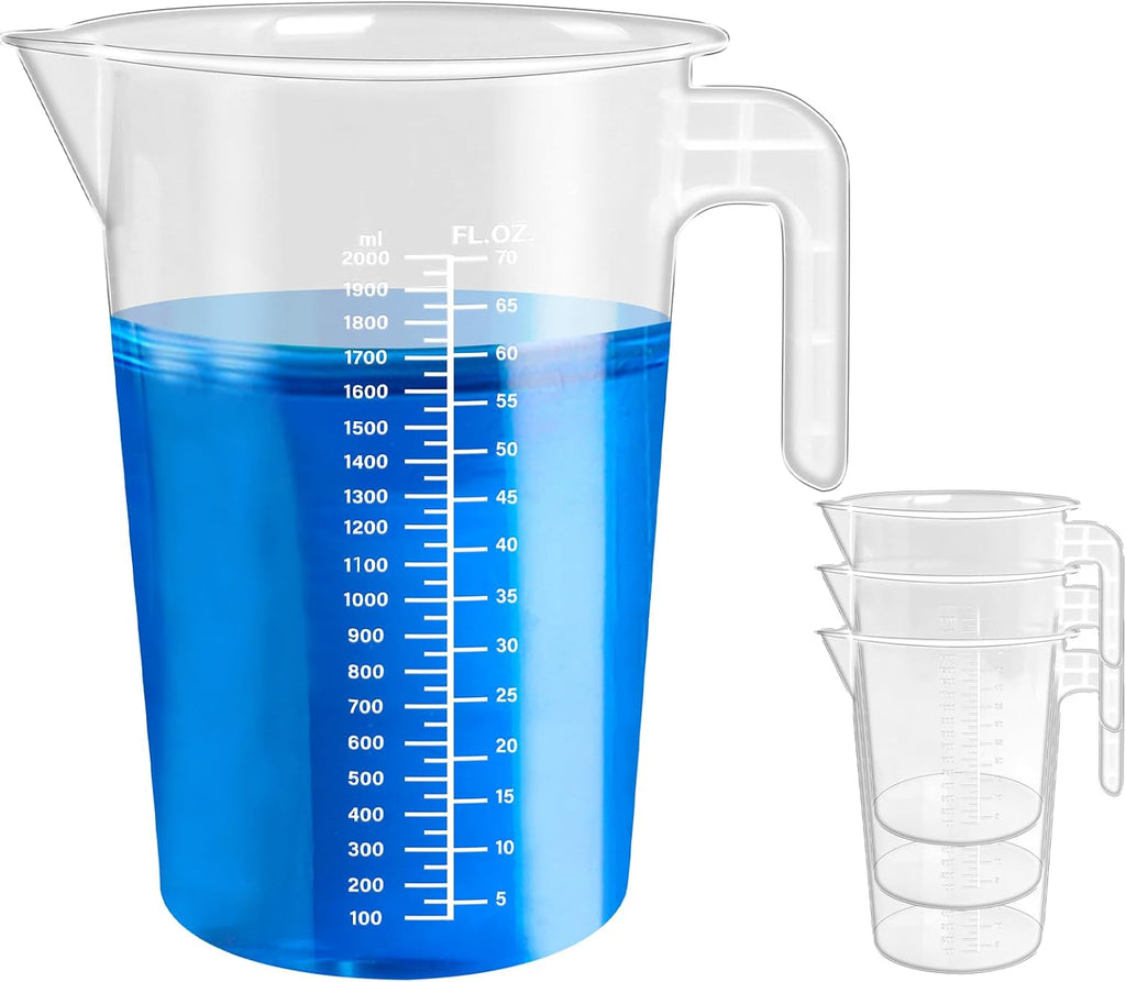 Paquete de 4 jarras de medición y mezcla graduadas de plástico de 2 litros, tazas medidoras transparentes de 1/2 galón con asa, taza de vertido multiusos para pintura, resina, epoxi