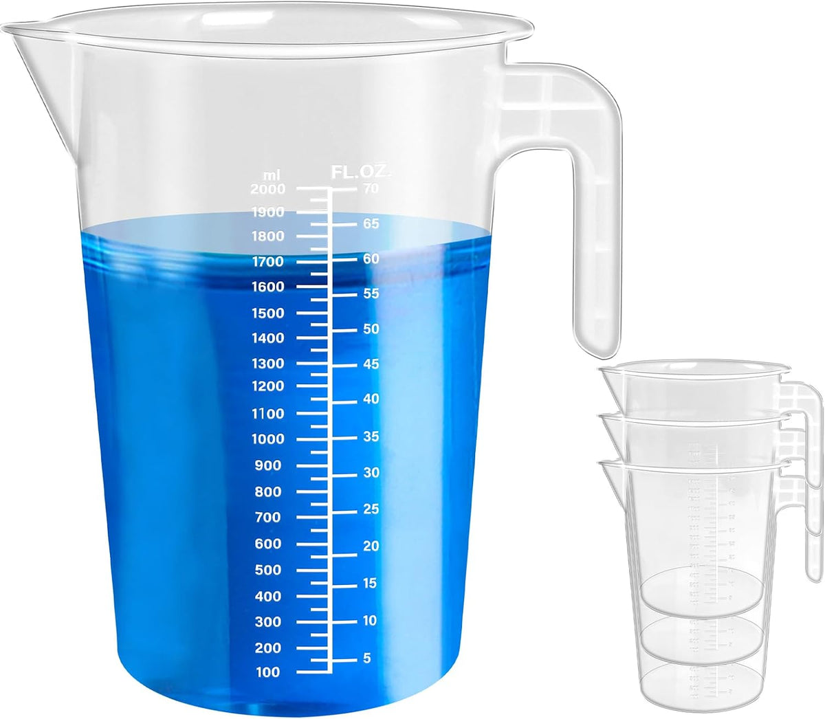 Paquete de 4 jarras de medición y mezcla graduadas de plástico de 2 litros, tazas medidoras transparentes de 1/2 galón con asa, taza de vertido multiusos para pintura, resina, epoxi