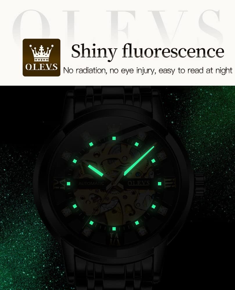 OLEVS Reloj de esqueleto de oro para hombre automático mecánico de cuerda automática lujoso de vestir de acero inoxidable impermeable luminoso relojes de pulsera