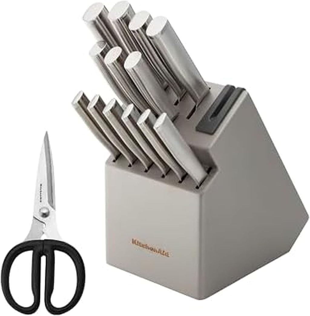 KitchenAid Juego de Cuchillos Gourmet con Bloque y Afilador Integrado, 15 Piezas, Acero Inoxidable