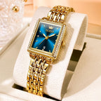 OLEVS Reloj de mujer de oro de acero inoxidable, reloj de cara cuadrada pequeña con decoración de diamantes, reloj de vestir de cuarzo analógico de lujo para mujer, reloj de pulsera impermeable con
