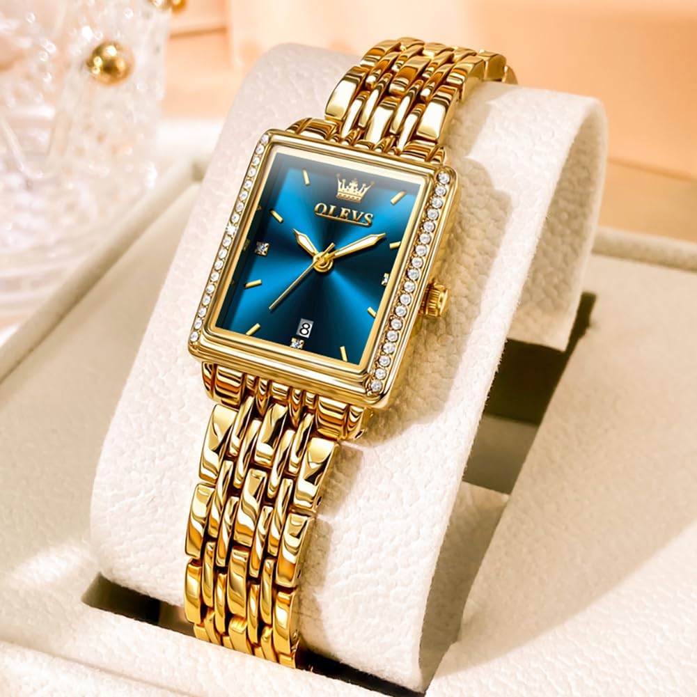 OLEVS Reloj de mujer de oro de acero inoxidable, reloj de cara cuadrada pequeña con decoración de diamantes, reloj de vestir de cuarzo analógico de lujo para mujer, reloj de pulsera impermeable con