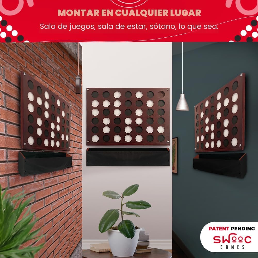 Swooc Games® - Juego de pared gigante 4 en una fila - 60% más silencioso - Juegos de pared de tamaño jumbo - Juego de sala de juegos, accesorios y decoración - Decoración de garaje y sótano - Conexión