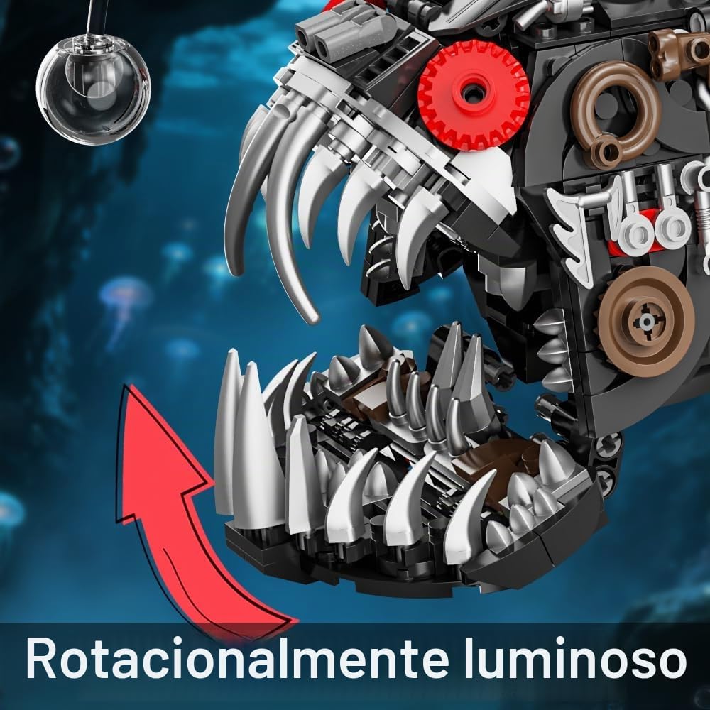 Lámpara Juego de construcción de peces mecánicos, 1010 piezas, modelos de bloques de monstruos de mar profundo con base de coral, juguetes de construcción de animales oceánicos steampunk, adecuado para niños