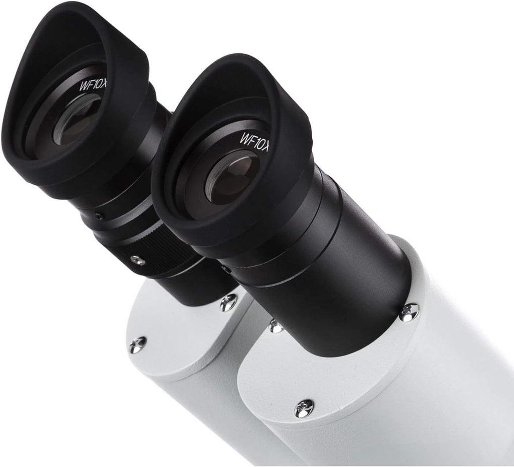 AmScope Microscopio estéreo binocular delantero SE306R-PZ, oculares WF10x y WF20x, aumento 10X-80X, objetivos 2X y 4X, fuente de luz halógena superior e inferior, soporte de pilar, 120V, blanco