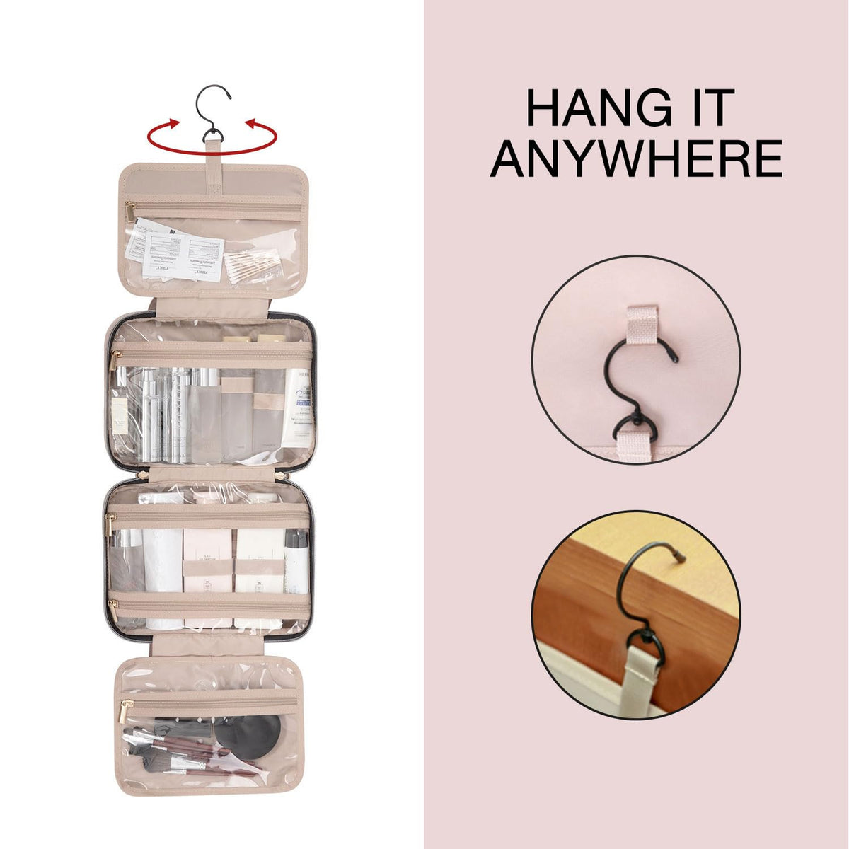 BAGSMART Neceser Bolsa de Viaje con Gancho para Colgar, Bolsa de Cosméticos de Maquillaje Resistente al Agua, Organizador de Viaje para Accesorios, Champú, Contenedor de Tamaño Completo, Artículos de