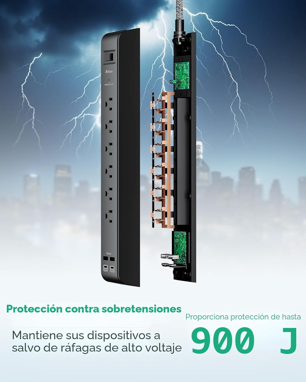 2 Paquetes de Protector de Sobrecorriente Power Strip con 6 Tomacorrientes y 4 Puertos USB