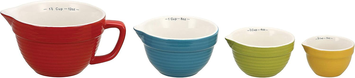 Creative Co-Op - Tazón medidor, 4 piezas, de cerámica, acanalado, amarillo, azul, verde y rojo