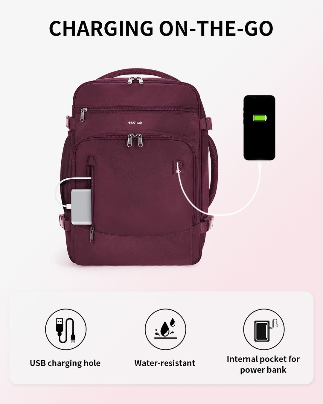 ECOHUB Mochila de Viaje Mochila de Equipaje de Mano, rojo-2, Mochil...