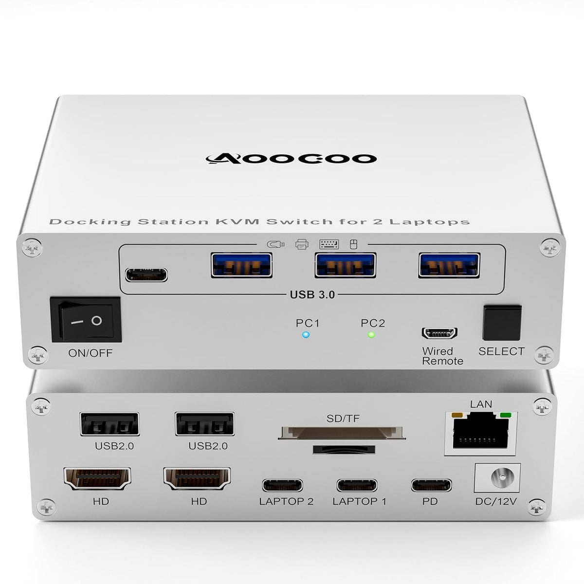 Conmutador KVM USB C, 2 monitores, 2 portátiles, 4K @60Hz MST Dual Monitor KVM Switch para 2 computadoras, 100W PD y 1G Ethernet, Control remoto con cable y cables USB C, plata 4.3 in