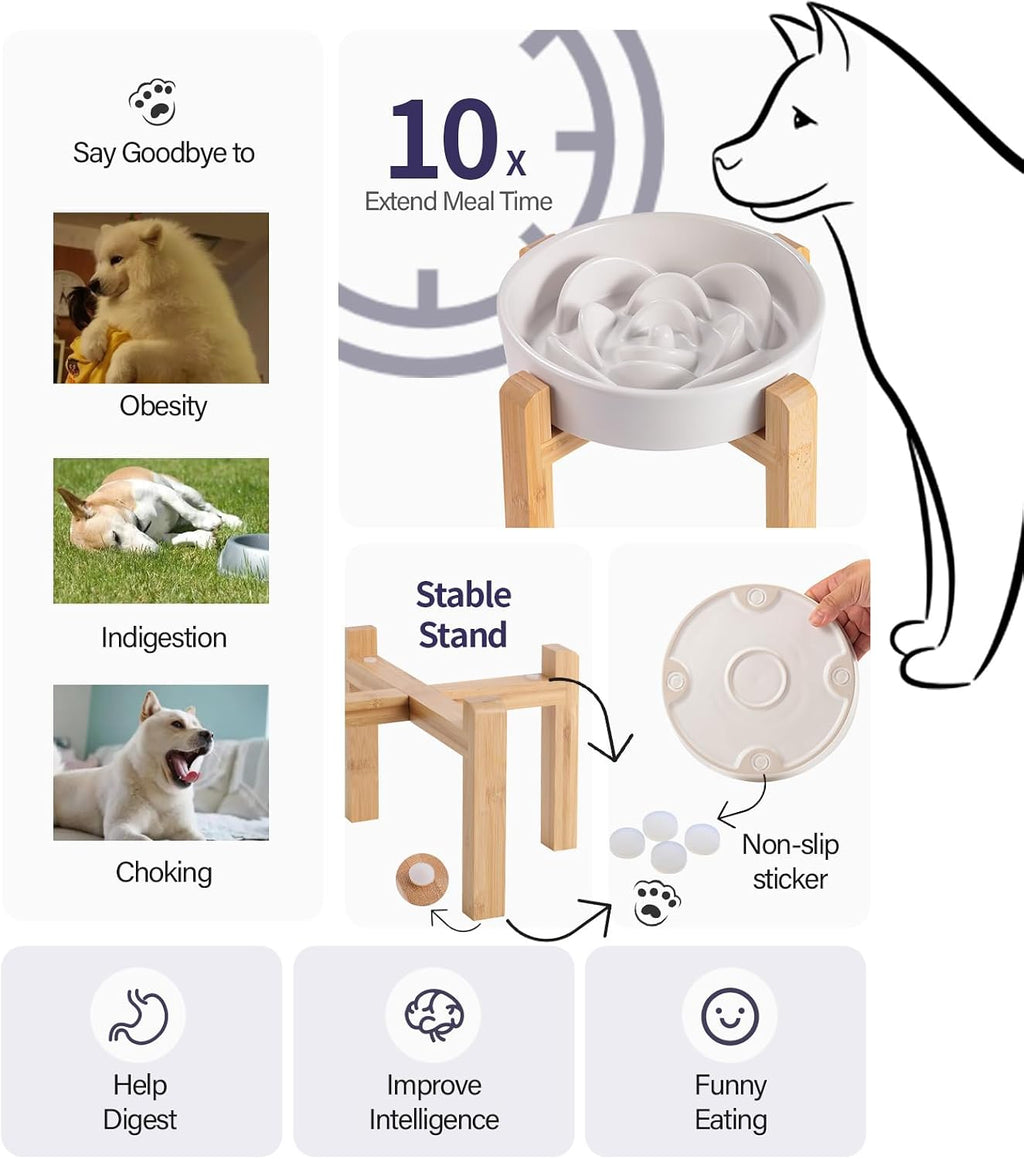 Cuenco de cerámica blanca para perros de raza pequeña y media, cuenco elevado de alimentación lenta de 6.1 pulgadas, cuenco de comida para perros de rompecabezas para comer rápido, plato de laberinto