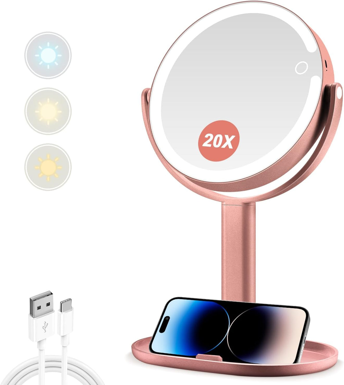 MIYADIVA Espejo de Maquillaje con Luces, Espejo de 20X con Iluminación y Interruptor Táctil, Espejo de Tocador de 2 Caras con 3 Colores y 80 LEDs, Oro Rosado Metálico