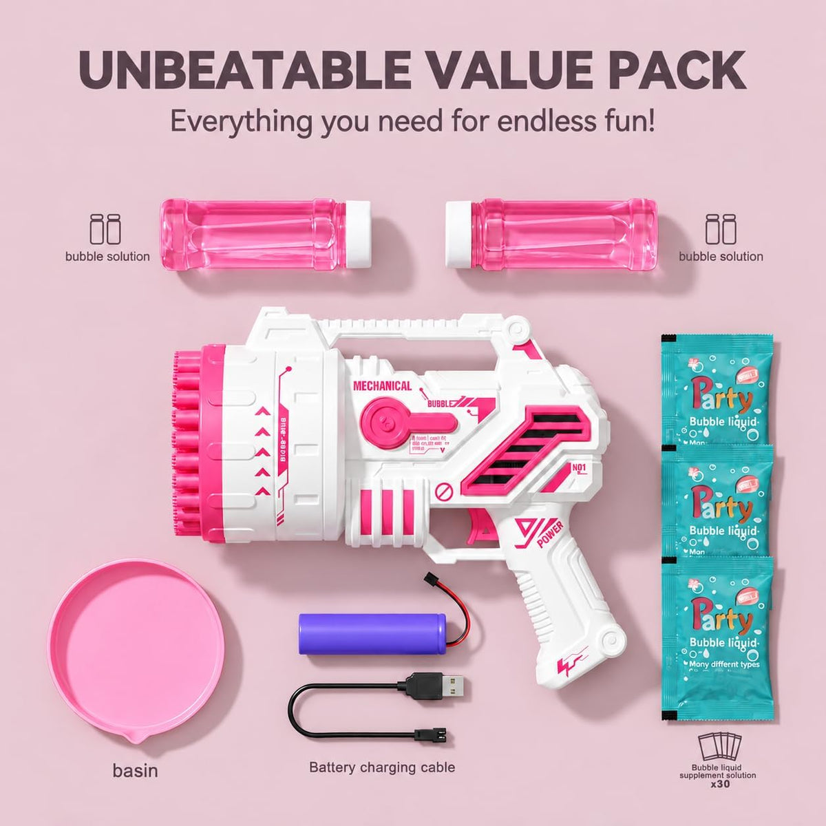 Pistola de burbujas para niños, máquina de burbujas recargable con luces