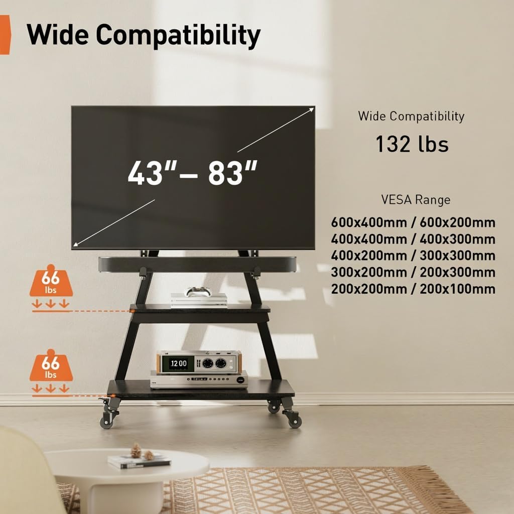 Perlegear - Soporte de TV rodante con soporte de barra de sonido para