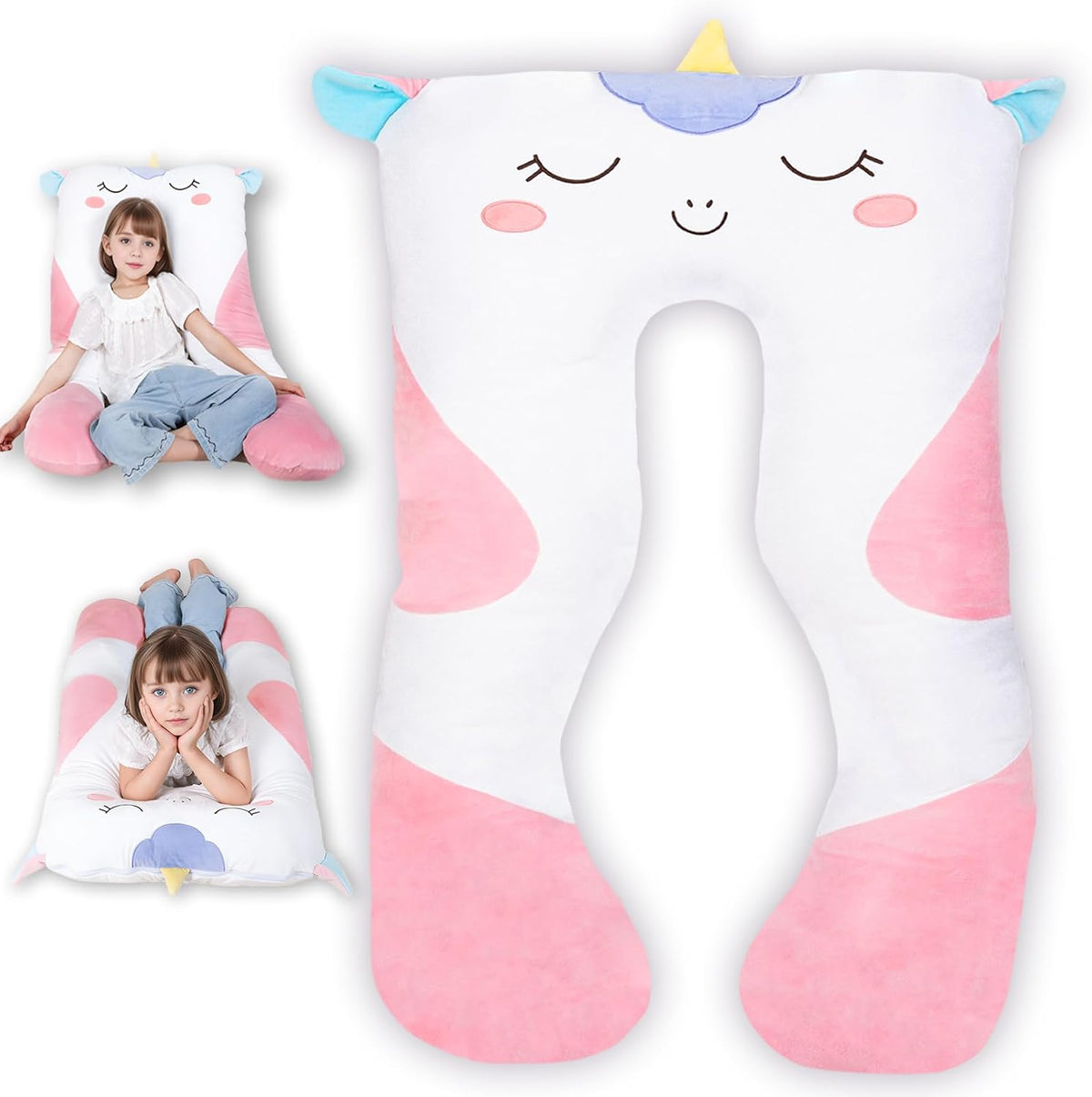 Almohadas corporales largas de felpa en forma de U de 47x23 pulgadas para niños, almohada grande y suave de animal de peluche unicornio para dormir, peluches grandes y lindos, funda lavable