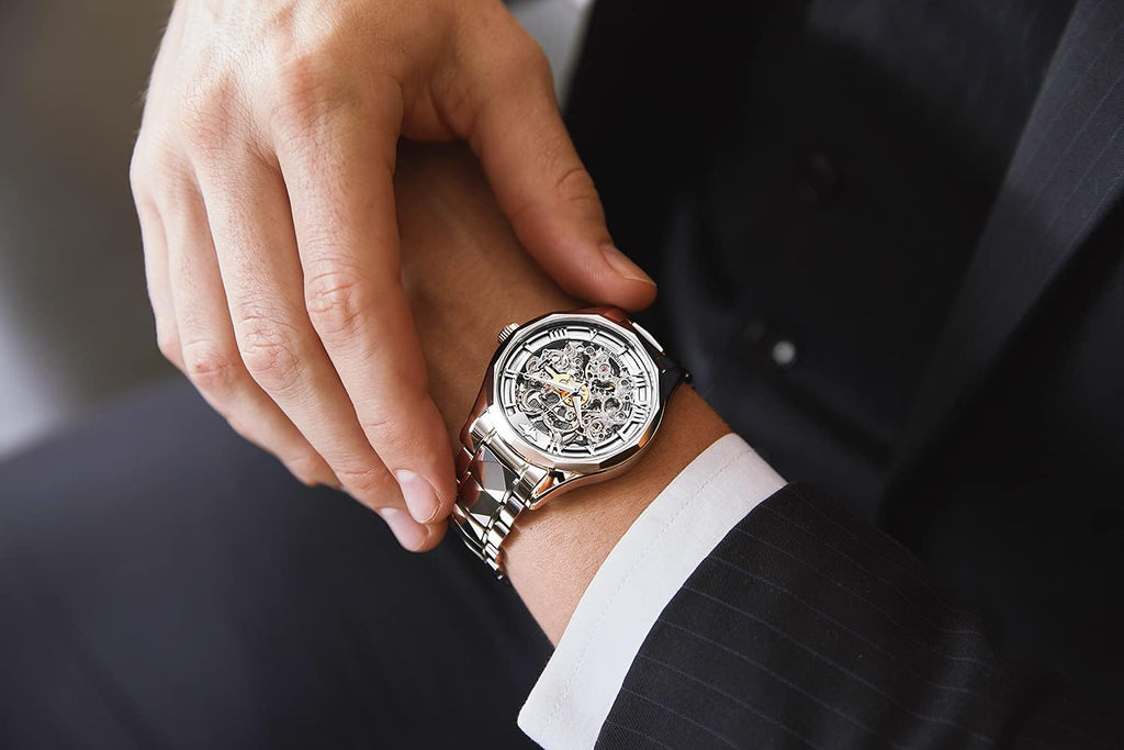 OUPINKE Relojes esqueleto dorados para hombre, Vestir de lujo, Automático Mecánico