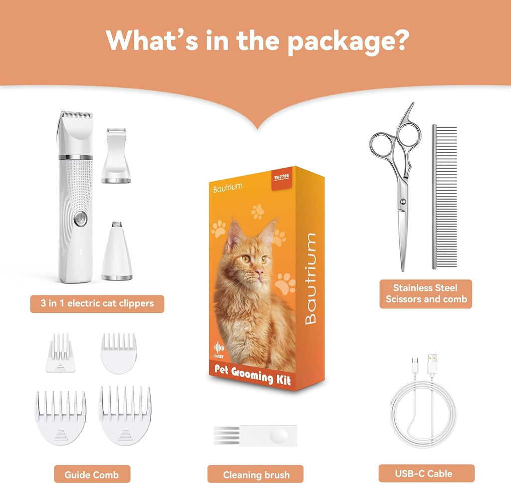 Kit de cortapelos para gatos con recortador de patas, suministros eléctricos 3 en 1 para cabello grueso y enmarañado, afeitadora de trasero de abrigo pesado, afeitadora de pelo para perros en casa (blanco)