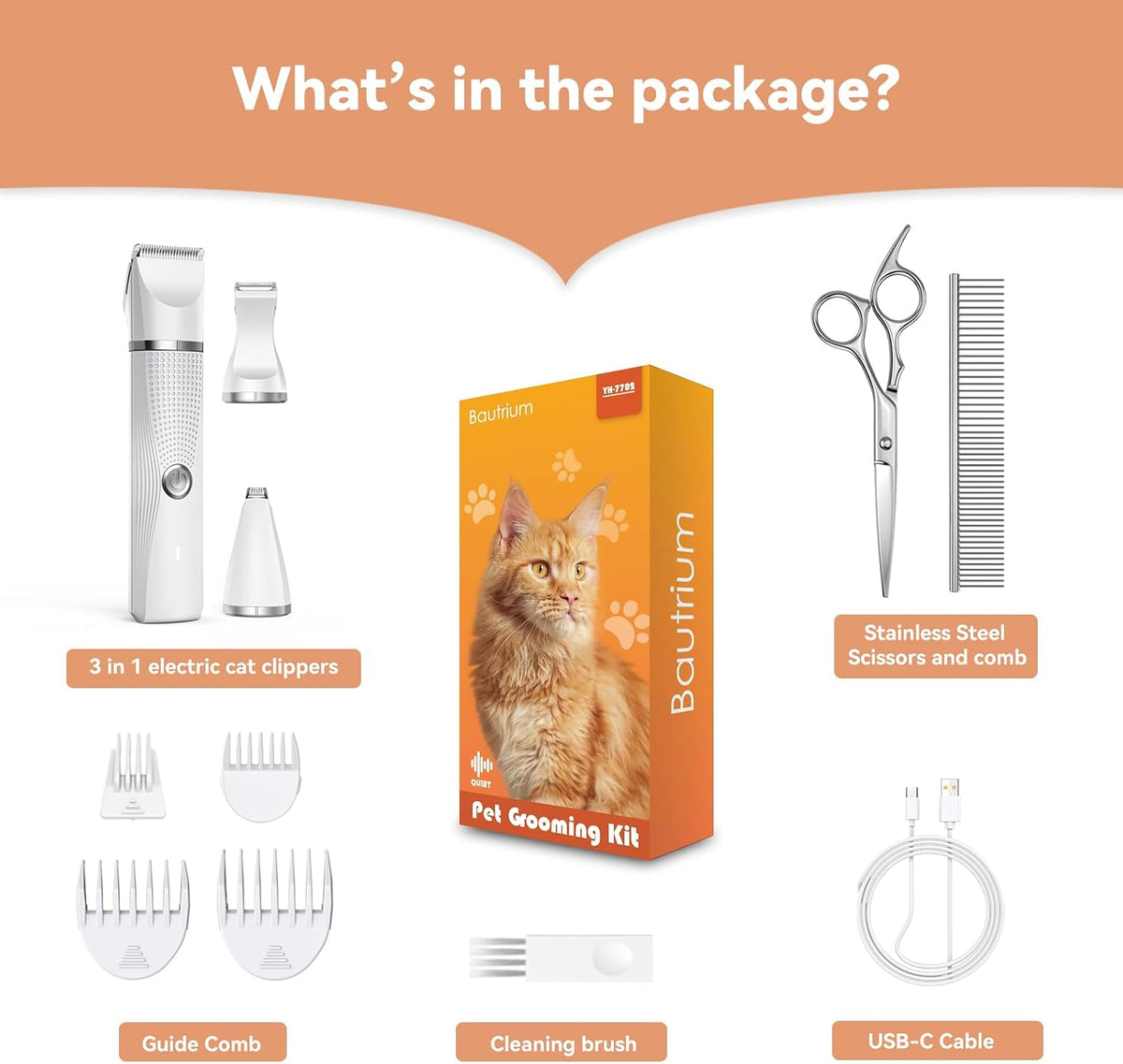 Kit de cortapelos para gatos con recortador de patas, suministros eléctricos 3 en 1 para cabello grueso y enmarañado, afeitadora de trasero de abrigo pesado, afeitadora de pelo para perros en casa (blanco)
