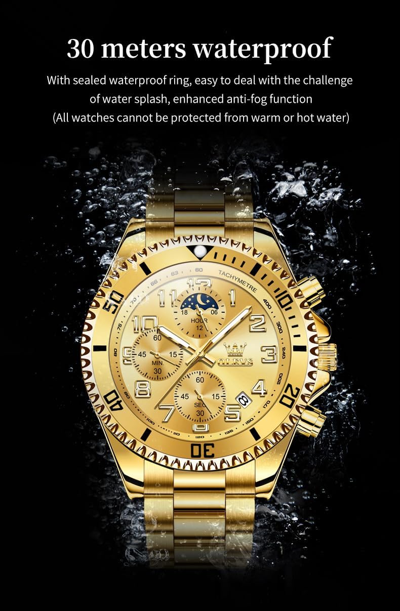 OLEVS Reloj de caballero Cronógrafo de lujo con fases de la luna, dos tonos, acero inoxidable, a prueba de agua, luminiscente, calendario empresarial, reloj de pulsera