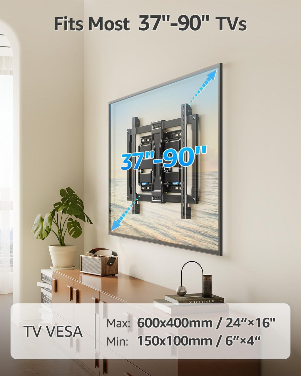 MOUNTUP Soporte de pared para TV ultra delgado para la mayoría de televisores de 37 a 90 pulgadas, soporte delgado de 1.1 pulgadas, soporte de soporte de TV de movimiento completo, brazos articulados giratorios dobles con inclinación, se adapta a pernos d