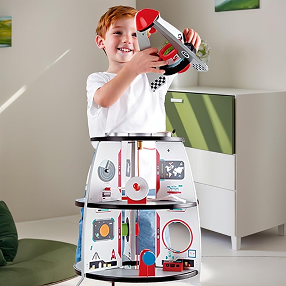 Hape Juego de Nave Cohete de Cuatro Etapas para Niños Pequeños | Un Juguete de Nave Espacial de Madera con Diseños de Transbordador Espacial de la Vida Real