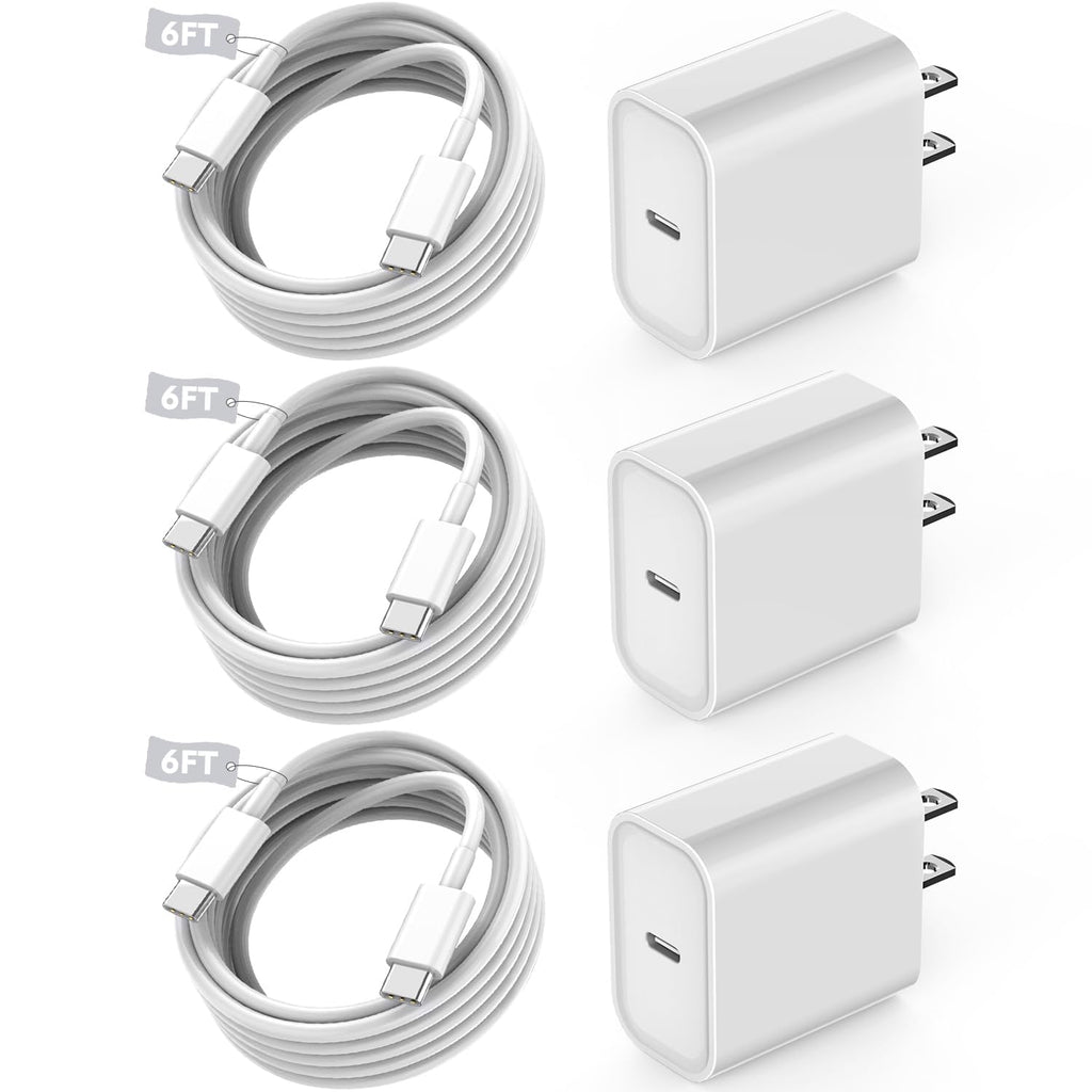 Bloque de cargador USB C rápido, paquete de 3 cables USBC a USBC de 6 pies de largo, cable para iPad, 20 W, iPhone 17 Pro Max, cargador de viaje, carga rápida para iPhone 17/17 Air/17 Pro/16/16e/16 Pro/16Plus/15/15Pro/Pro Max/Plus, iPad