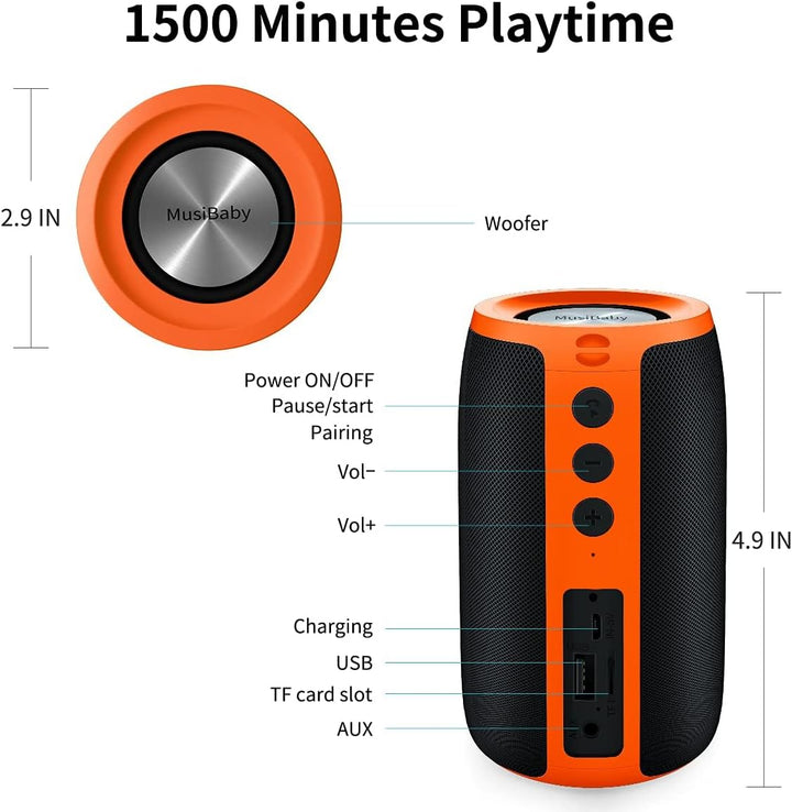 Altavoz Bluetooth Musibaby M68, 12W, IPX5, FM, USB AUX, Naranja Neg...