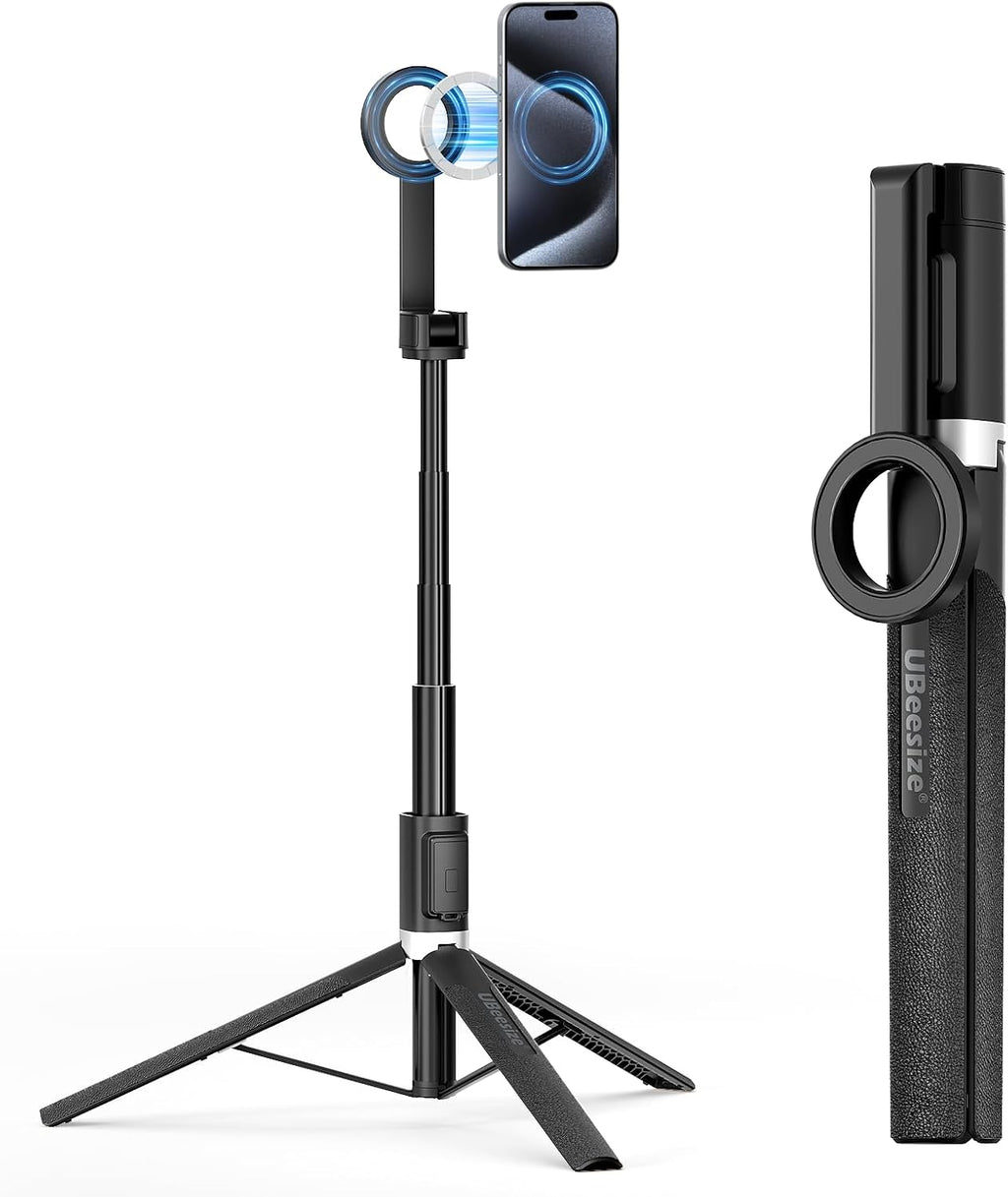 UBeesize Trípode magnético para iPhone con control remoto, soporte extensible de 64 pulgadas para grabación de video/vlogging, N52 fuerte soporte para iPhone 12-15/Android, trípode portátil para selfie de viaje (negro)