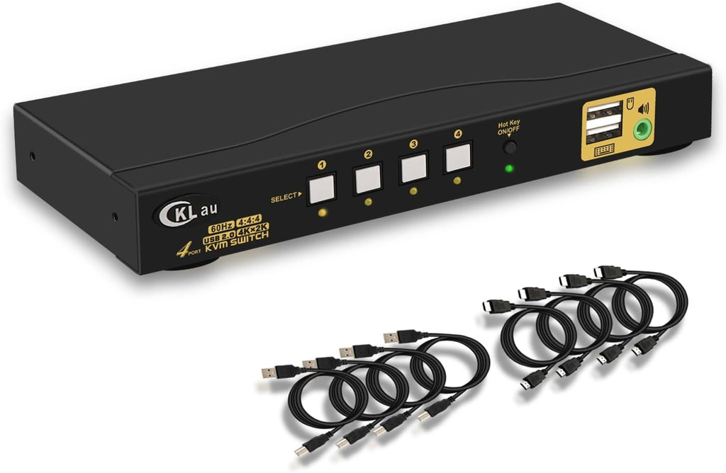 Conmutador KVM HDMI de 4 puertos con audio y 4 cables de kit, 4 puertos HDMI KVM Soporte 4K@60Hz 4:4:4, EDID, conmutación de teclas de acceso rápido