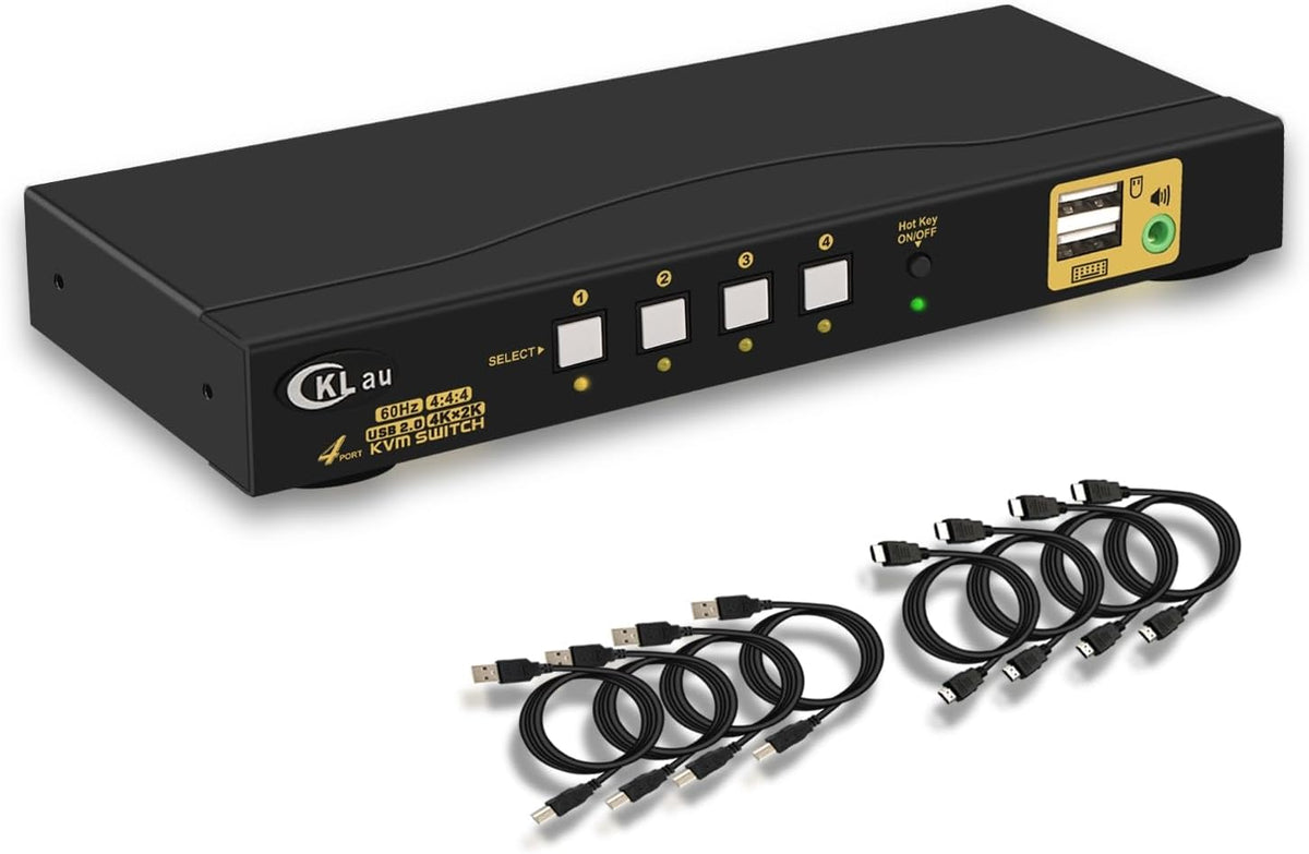 Conmutador KVM HDMI de 4 puertos con audio y 4 cables de kit, 4 puertos HDMI KVM Soporte 4K@60Hz 4:4:4, EDID, conmutación de teclas de acceso rápido