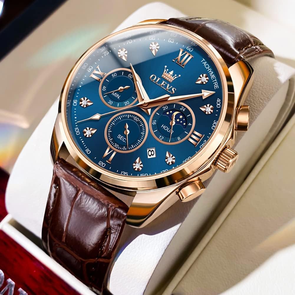 OLEVS Reloj de Hombre de Cuero con Cronógrafo Diamante Lujo Moda Vestimenta Analógico Cuarzo Pulsera Iluminada Resistente al Agua Fase Lunar Fecha