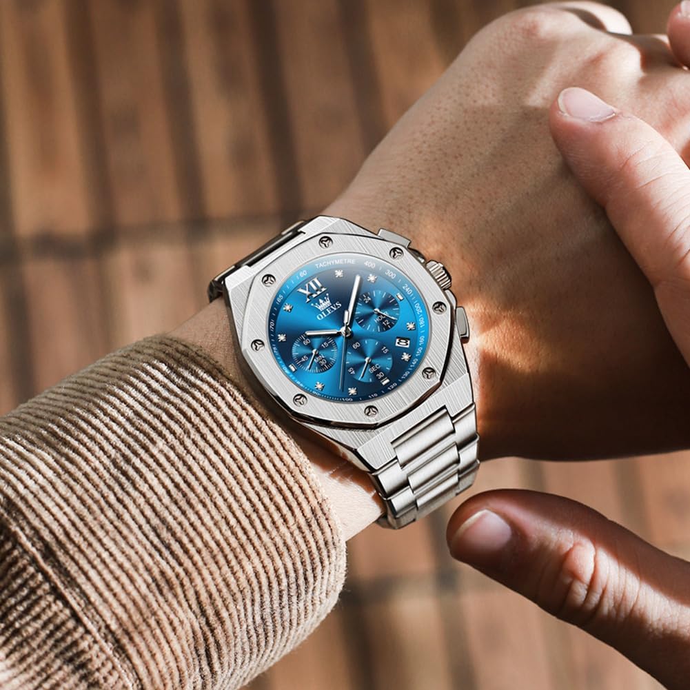 OLEVS Reloj para hombre Big Face Acero inoxidable Impermeable Luminoso Diamante