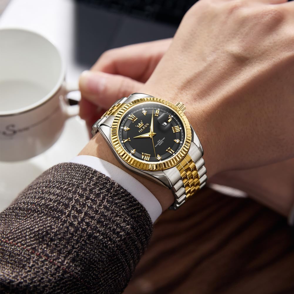 OLEVS Reloj Clásico para Hombre Diamante Analógico Lujo Acero Inoxidable a Dos Tonos Resistente al Agua con Fecha Luminous para Hombres