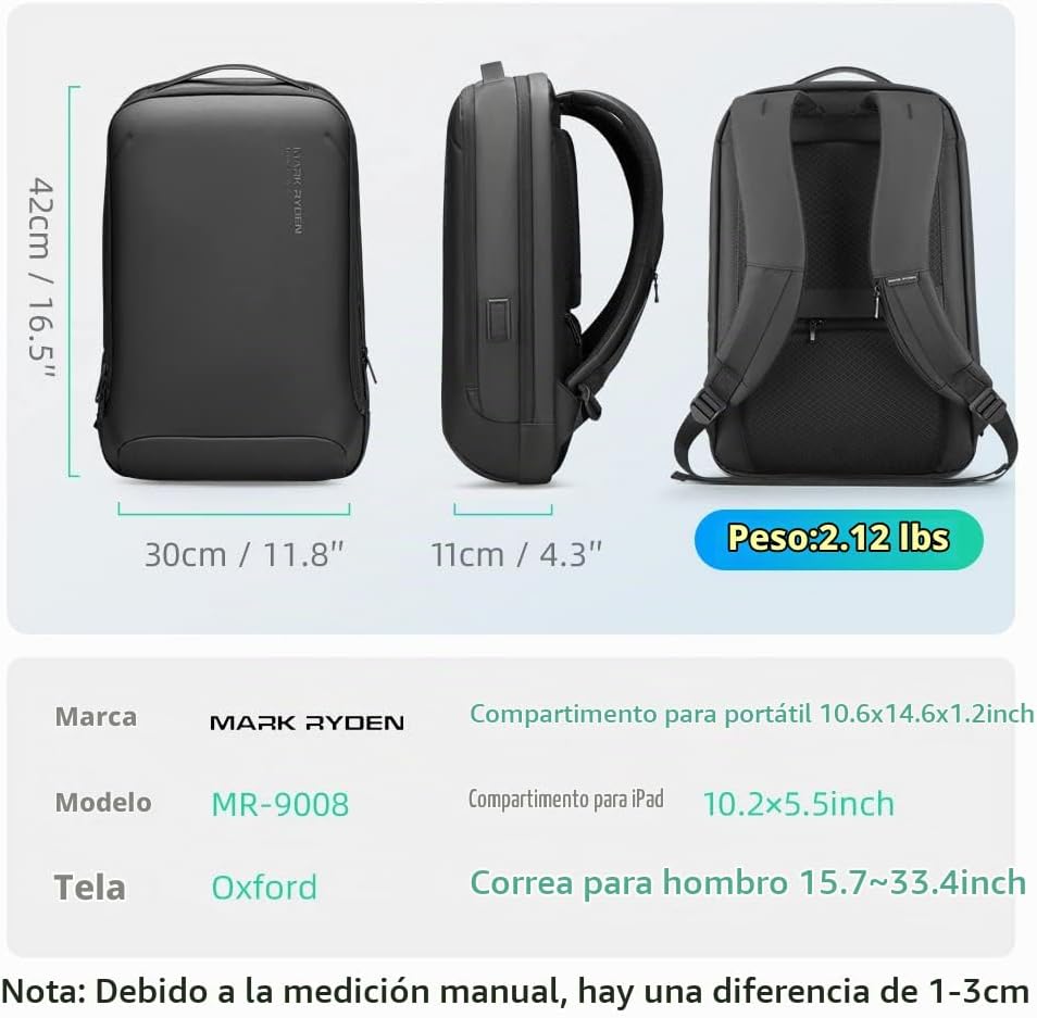 MARK RYDEN Mochila delgada para laptop para hombre, mochila Tech de 15.6 pulgadas