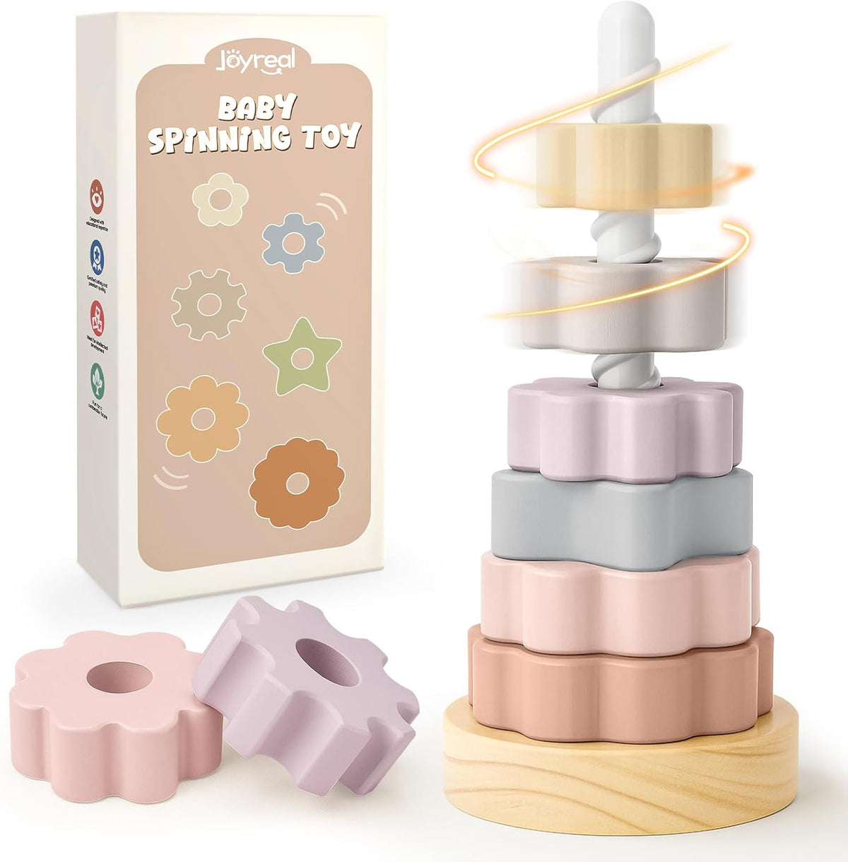 Joyreal Wooden Spinning Stacking Toys, Neutral Ring Stacker Montessori Toys para Toddlers 1-3, Christmas Birthday Gifts para Boys Girls