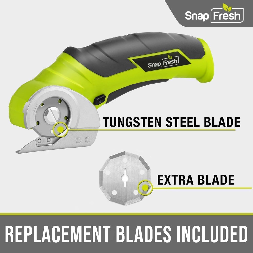 SnapFresh Tijeras Eléctricas Inalámbricas, Cortador de Caja Mini Eléctrico de 4V, Herramienta de Corte de Alfombra y Cartón con Hoja de Reemplazo/Cargador, Cortador Rotativo para Paquetes de Cartón