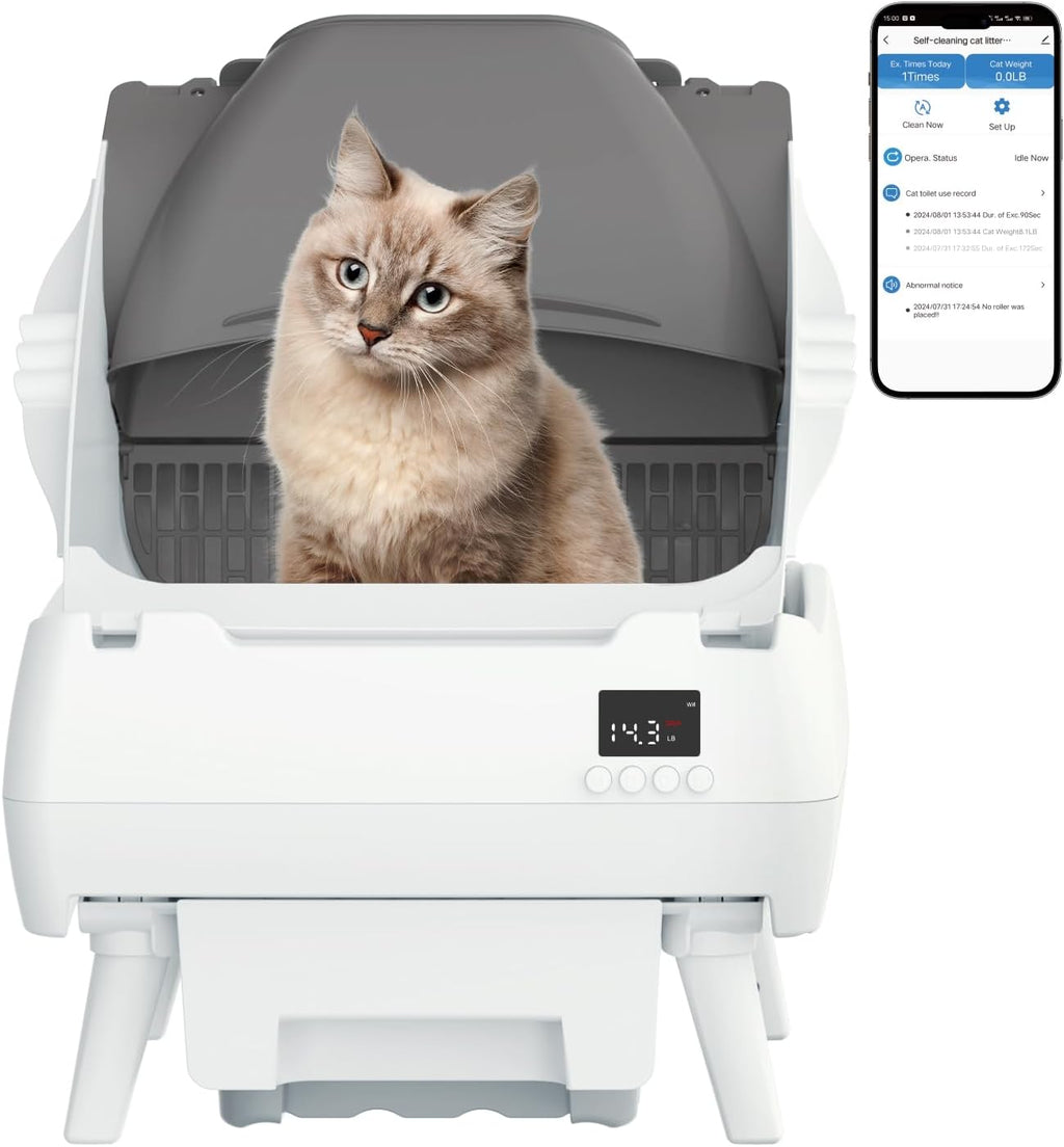 Caja de arena automática para gatos, control de aplicación, diseño abierto, monitor de salud inteligente, adecuado para gatos medianos y gatitos, seguridad antipellizcos, funcionamiento