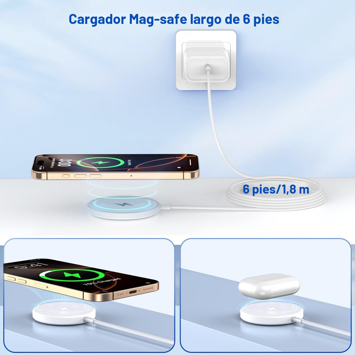 [Certificado MFi de Apple] Cargador magnético inalámbrico para iPhone, cargador Magsafe, almohadilla de carga rápida de teléfono de 6 pies y 15 W, carga magnética inalámbrica para iPhone 17/17Air/16 Pro Max/16 Plus/15 Pro Max/14/13/12/AirPods3/2/Pro