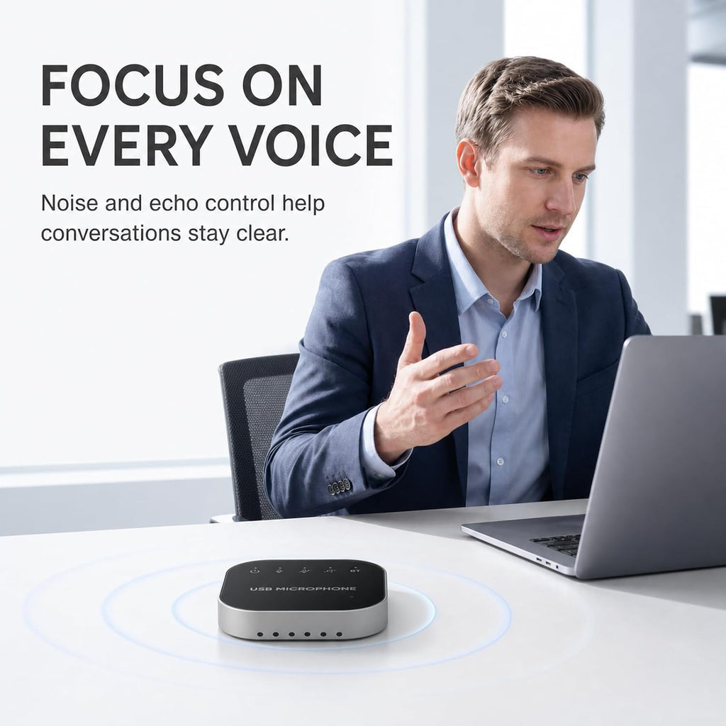 Altavoz de conferencia Bluetooth y micrófono, altavoz Bluetooth para sala de reuniones pequeña, altavoz de conferencia inalámbrico 360 ° con cancelación de ruido micrófonos para computadora