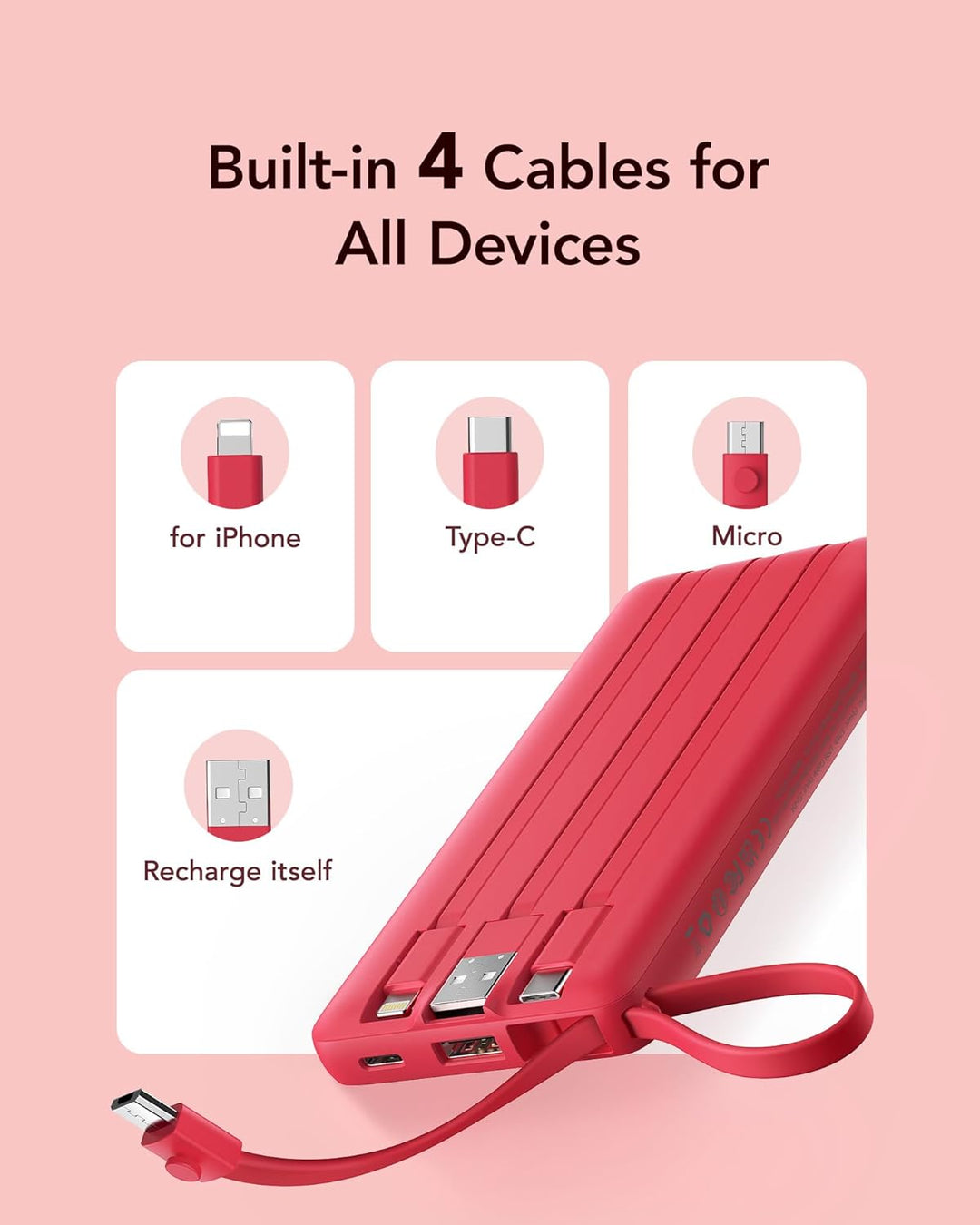 VRURC Cargador portátil, banco de energía de 10000 mAh con cables i...