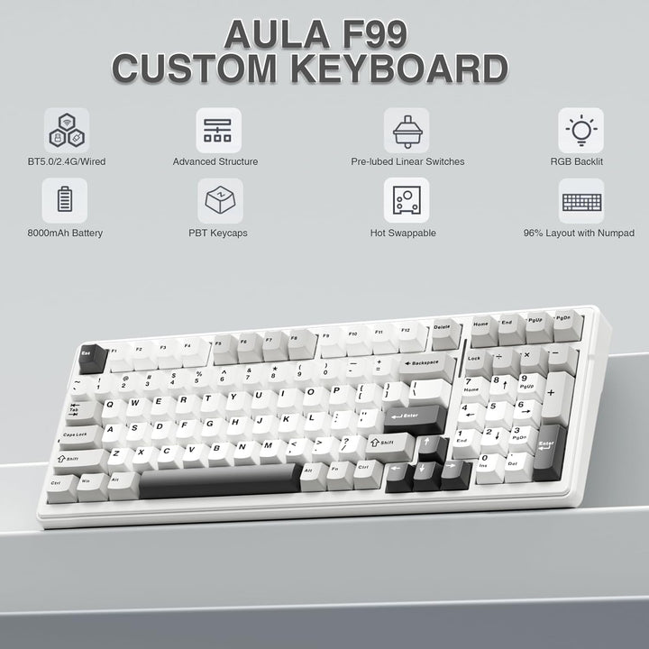 AULA Teclado mecánico inalámbrico F99, triple modo BT5.0\/2.4GHz\/U...