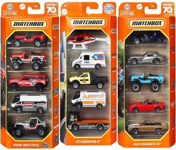 Matchbox Juego de 15 autos de juguete y camiones con 3 paquetes temáticos de 5 vehículos fundidos a escala 1:64 (los estilos variarán)