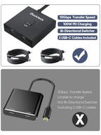 Interruptor USB C, conmutador bidireccional 1 en 2 salidas/2 en 1 salida, interruptor USB con 4K @60Hz, velocidad de transferencia de 10 Gbps, carga PD de 100 W, incluye dos cables USB-C de