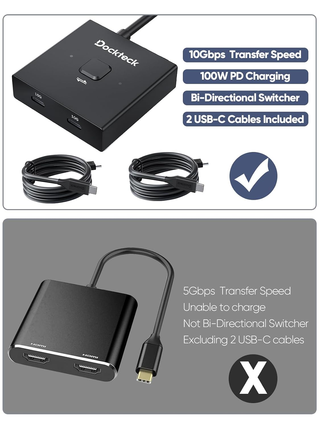 Interruptor USB C, conmutador bidireccional 1 en 2 salidas/2 en 1 salida, interruptor USB con 4K @60Hz, velocidad de transferencia de 10 Gbps, carga PD de 100 W, incluye dos cables USB-C de
