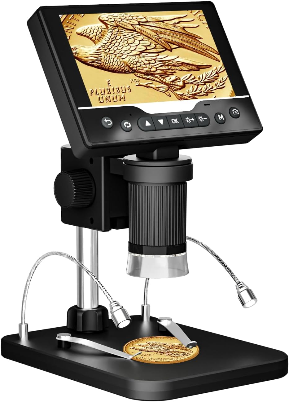 Microscopio Digital Portátil 1000X, Pantalla HD de 5", Lupa para Monedas y Joyas