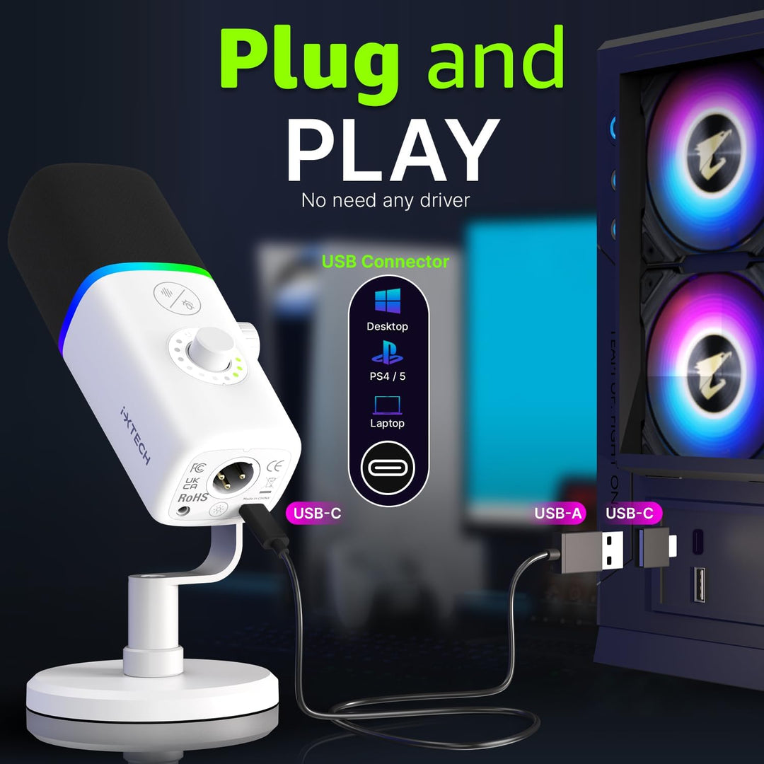 IXTECH Micrófono USB Gaming para PC, micrófono condensador con canc...